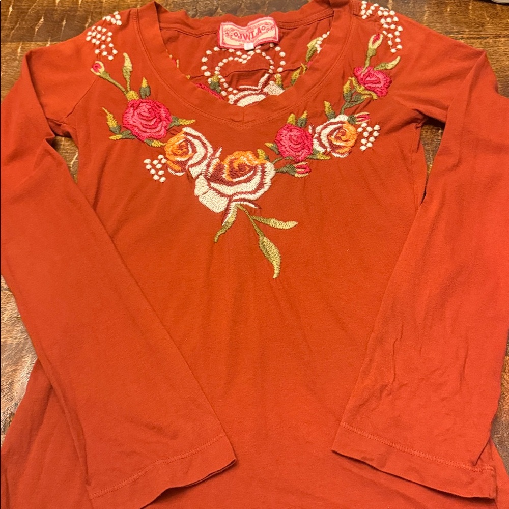 JWLA, Johnny Was, Orange Embroidered V-Neck Long Sleeve Top, Size Small - Picture 7 of 8